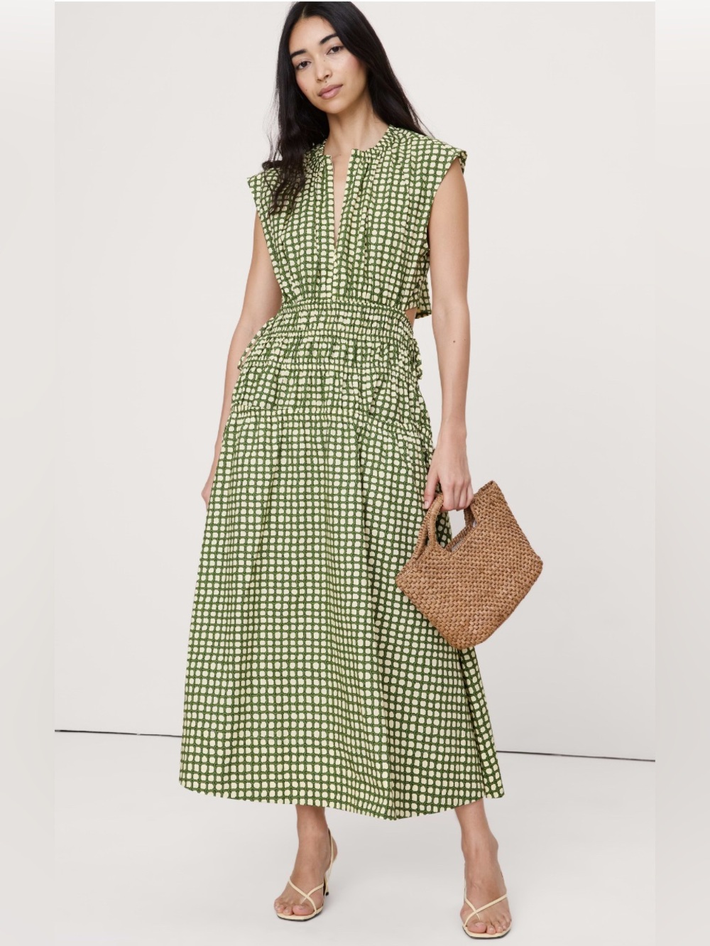 BANANA REPUBLIC SMOCKED COTTON POPLIN MAXI DRESS WITH OPEN BACK - Picture 3 of 6